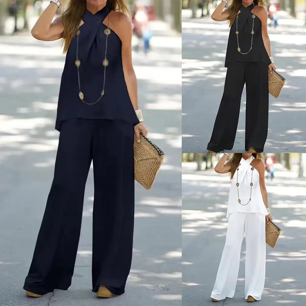 Solid color sleeveless wide-legged pants two-piece set-Buy 2 Free Shipping